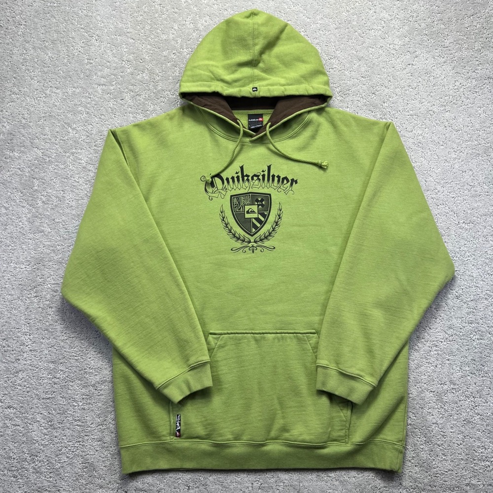 Y2k Quiksilver Hoodie‎ Mens Large Green Graphic Logo Surf Skater Grunge Y2K